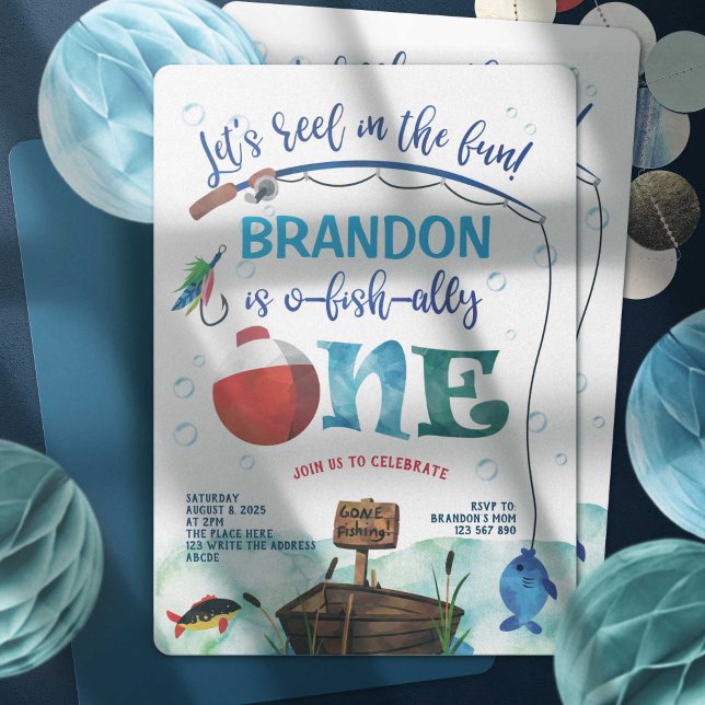 Invitation O-fish-Ally, Petit Pêcheur, Thème de pêche, 1ère (O fish Ally, Fishing themed, Boy 1st birthday invitation. Little fisherman, gone fishing birthday.)