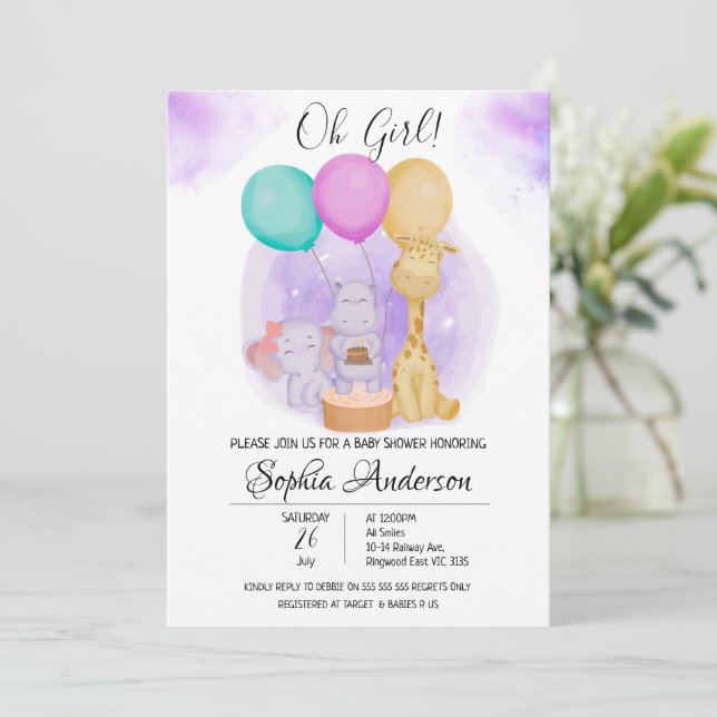 Invitation O Girl Elephant Hippo Giraffe Baby shower de ballo (Debout devant)