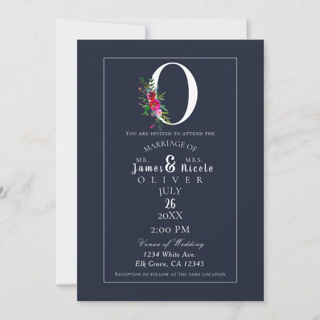 Invitation O Monogramme Dernier initial bleu Floral Mariage (Devant)