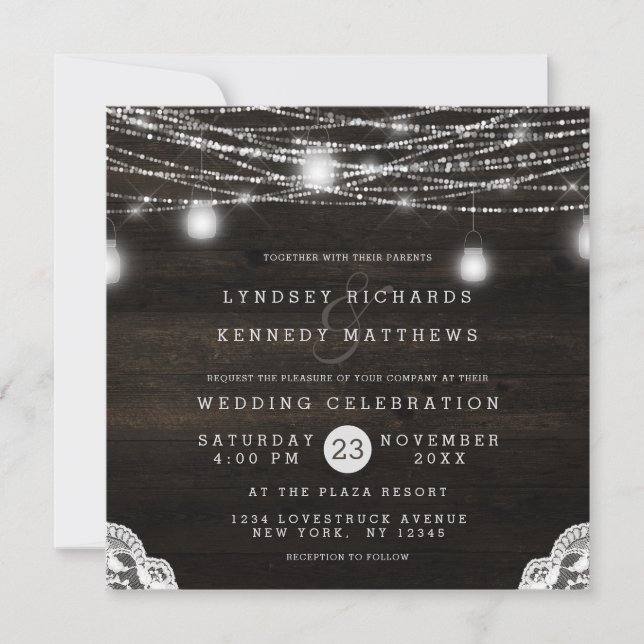 Invitation Oak Ridge Rustic Wood & dentelle Carré Mariage (Devant)