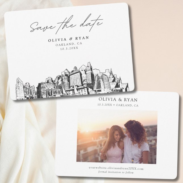 Invitation Oakland Mariage Modern Enregistrer la date (Oakland wedding skyline sketch with engagement photo)