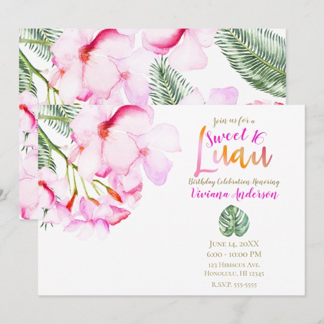 Invitation Oasis Tropical Rose Vert Floral Hawaïen Douce 16 (Devant / Derrière)