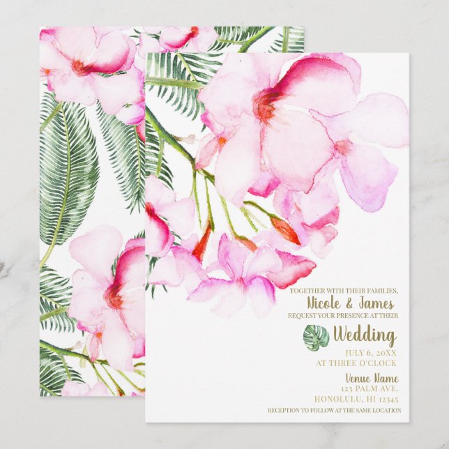 Invitation Oasis Tropical Rose Vert Floral Hawaïen Mariage (Devant / Derrière)