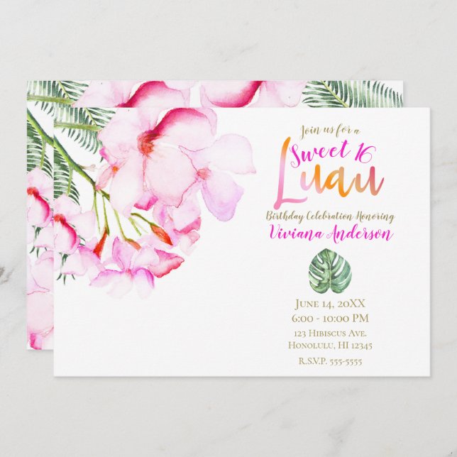 Invitation Oasis tropicale Rose Vert Hawaiien Floral Sweet 16 (Devant / Derrière)