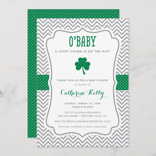Invitation O'Baby Lucky Charm Baby shower Shamrock (Devant / Derrière)