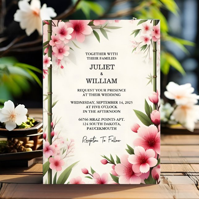 Invitation Obtenez Mariage en bambou rose Sakura cerise en fl (Créateur téléchargé)
