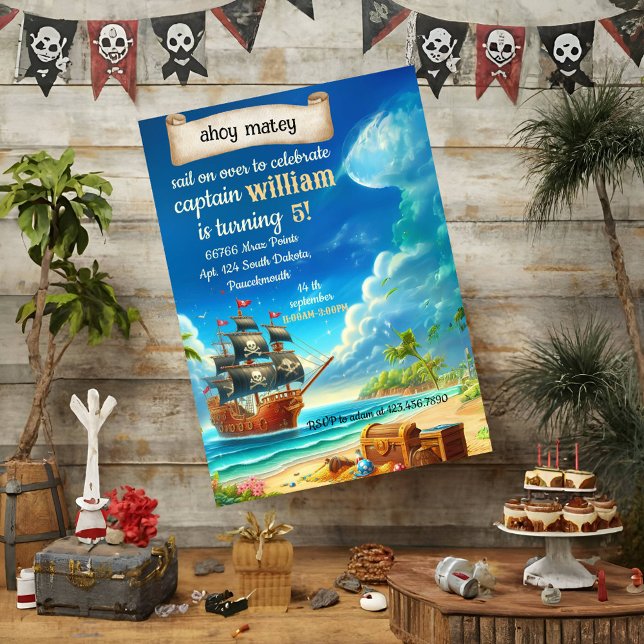 Invitation Obtenir cool mignon bateau piscine Pirate Annivers (Créateur téléchargé)