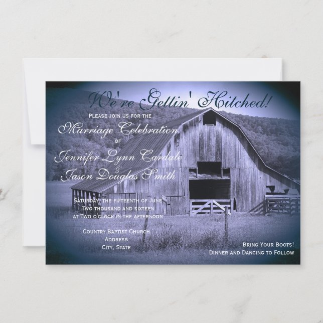 Invitation Obtenir Hitched Rustic Grange Mariage Invite Bleu (Devant)