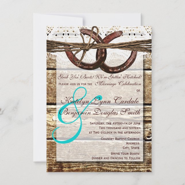 Invitation Obtenir Hitched Wood Horseshoes Mariage Invite (Devant)