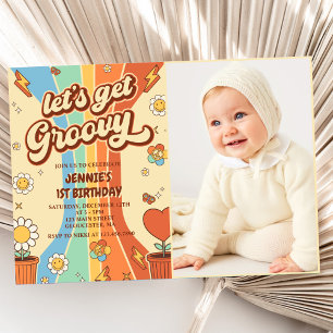 Invitation Obtenons Super Retro Rainbow 1er Anniversaire Phot