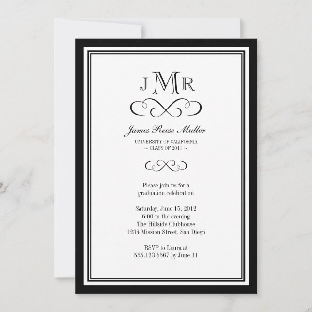 Invitation Obtention du diplôme chique de monogramme de cadre (Devant)