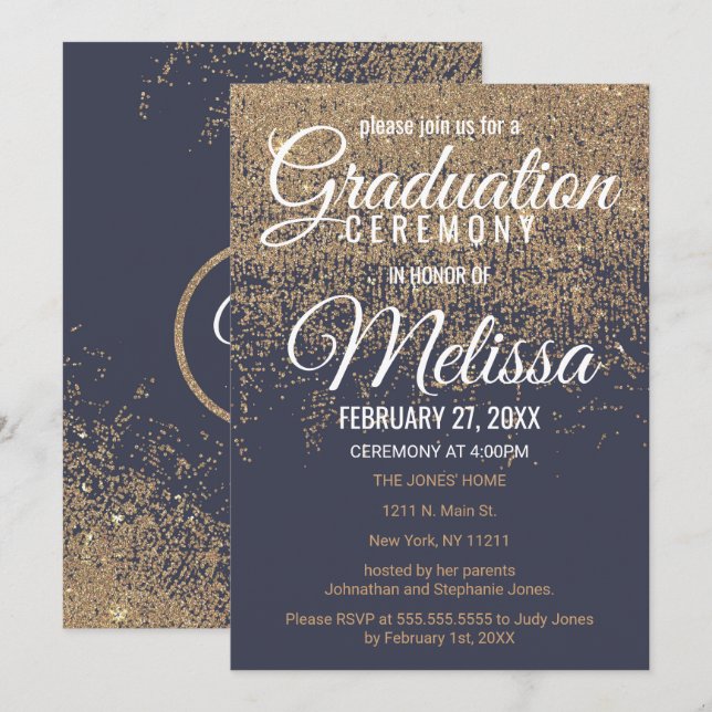 Invitation Obtention du diplôme de bleu marine d'étincelles (Devant / Derrière)