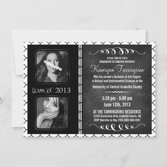 Invitation Obtention du diplôme de tableau de 2 photos noire (Devant)