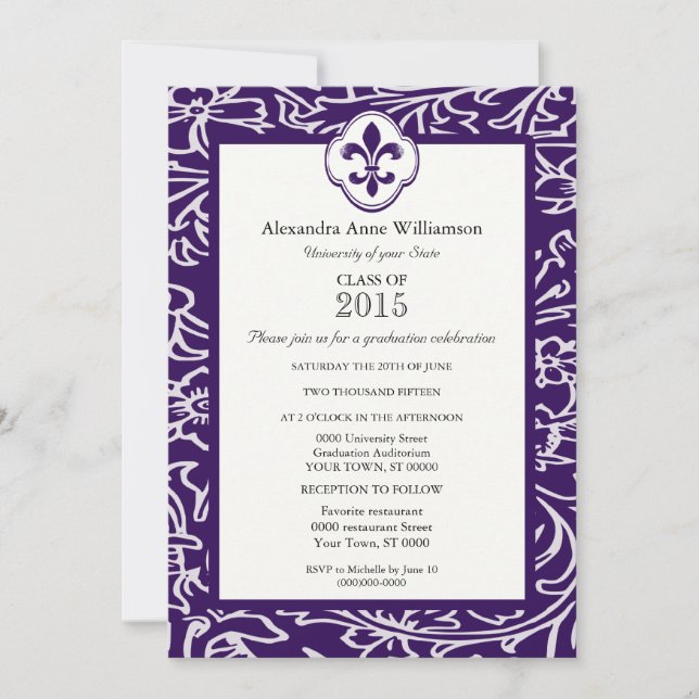 Invitation Obtention du diplôme formelle de Gray Fleur de Lis (Devant)
