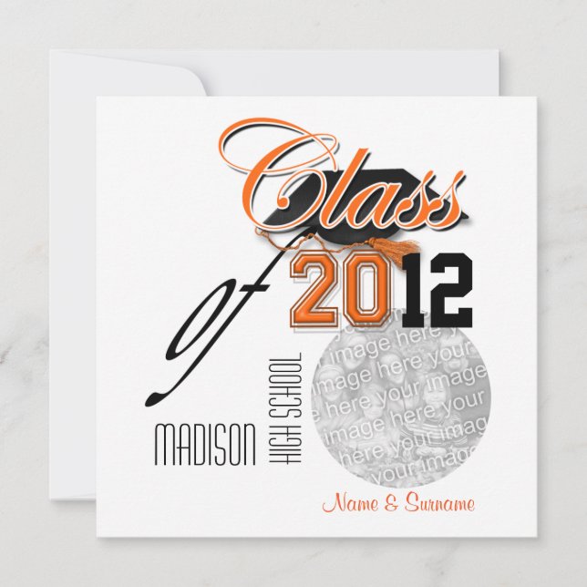 Invitation Obtention du diplôme noire orange "classe" de (Devant)
