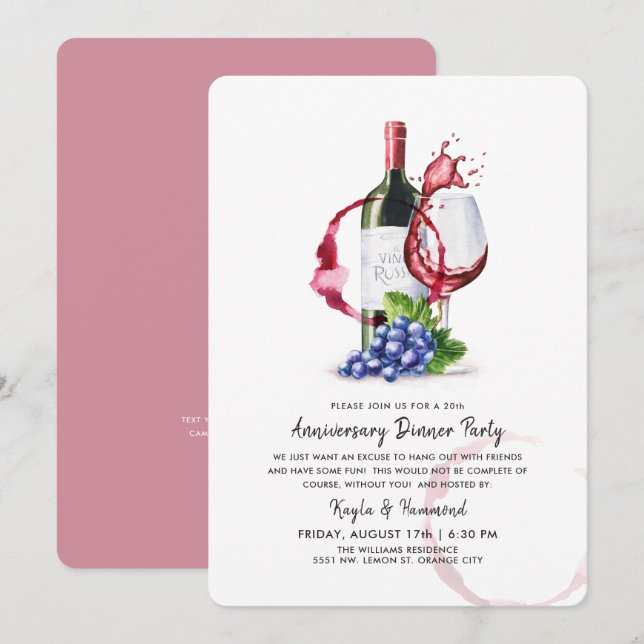 Invitation Occasion Vin & Dîner Anniversaire Rouge Style (Devant / Derrière)
