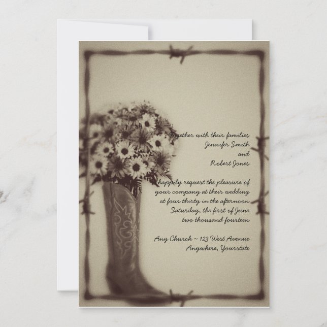 Invitation Occident Boot Daisy Bouquet Vintage Wedding Invita (Devant)