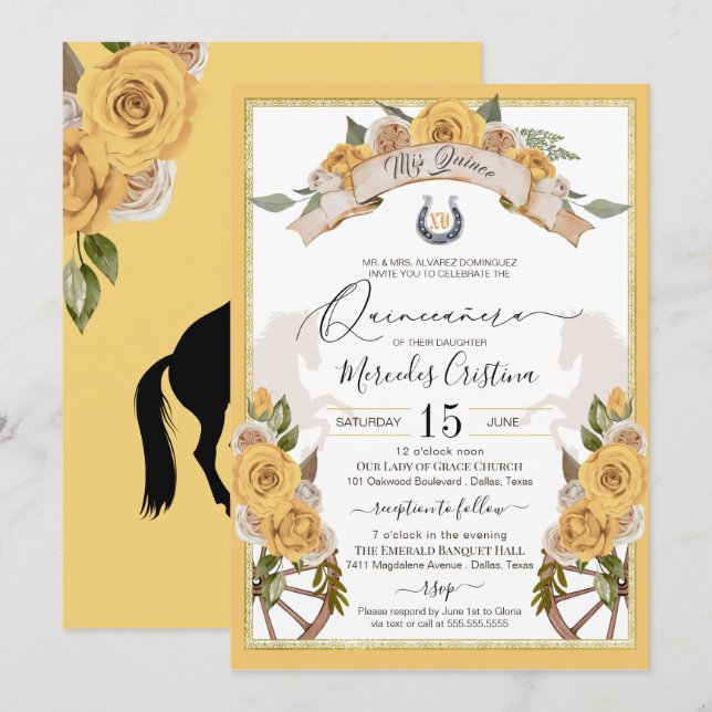 Invitation Occidental Charro Roses Jaunes Quinceanera Invitat (Devant / Derrière)