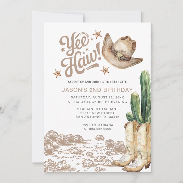 Invitation Occidental Rustique Cowboy Cactus Anniversaire (Devant)