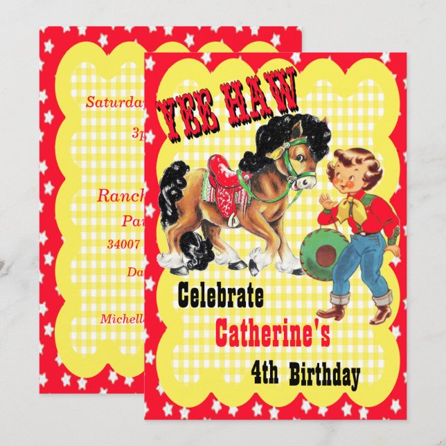 Invitation Occidentale Cowgirl And Horse Birthday  (Devant / Derrière)