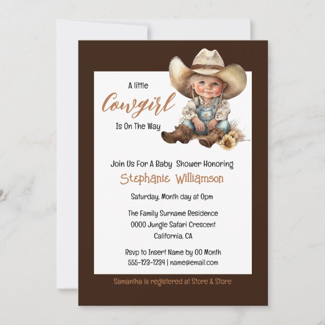 Invitation Occidentale mignonne cowgirl sauvage ouest baby sh (Devant)