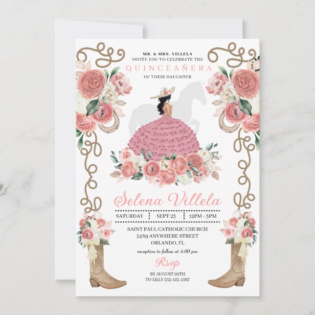 Invitation Occidentale rose Mariachi Charro Princesse Quincea (Devant)