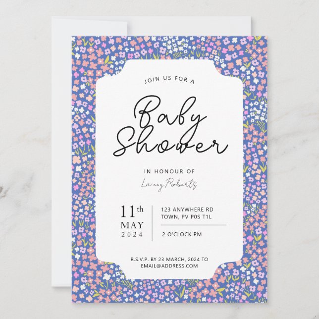 Invitation Occupé Baby shower Floral rose et Indigo bleu (Devant)