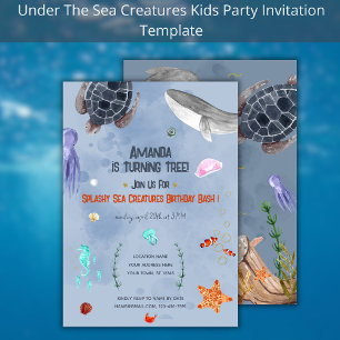 Invitation Ocean Animaux Anniversaires de enfants Party Blue