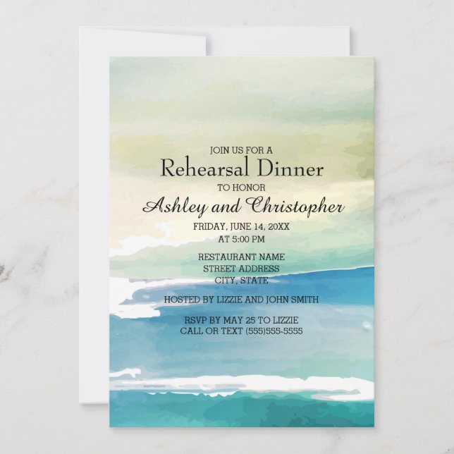 Invitation Océan Aquarelle Bleu Vert Répétition de Mariage (Devant)