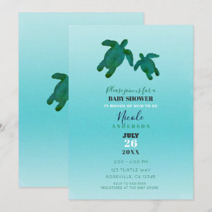 Invitation Océan Aquarelle Bleu Vert Tortues Fête de Naissanc