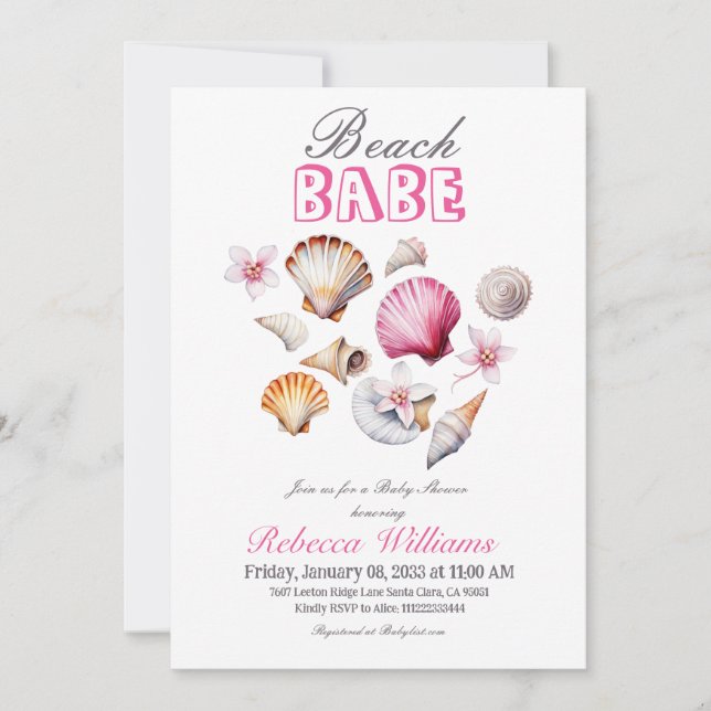 Invitation Ocean Beach Babe Pink Seashell Girl Baby shower (Devant)