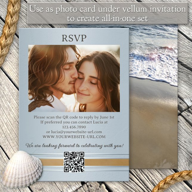 Invitation Ocean Beach Élégante Mariage tout-en-un (Modern photo all-in-one invitation featuring a beach with waves flowing on the sand - add to vellum)