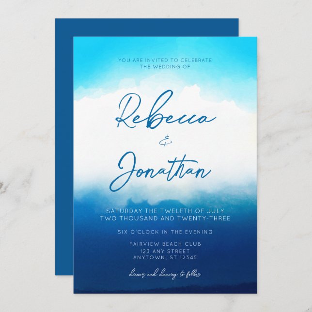 Invitation Ocean Beach Mariage d'aquarelle bleu côtier (Devant / Derrière)