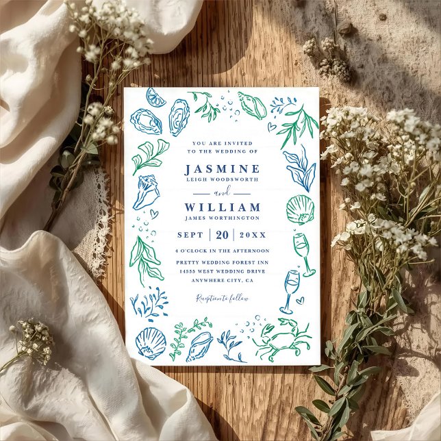 Invitation Ocean Beach Nautical Shell Elegant QR Code Wedding (Créateur téléchargé)