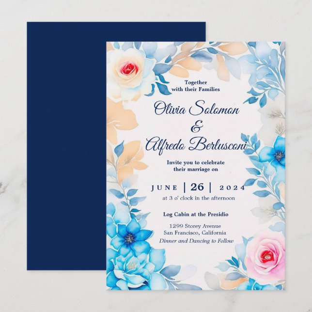 Invitation Océan bleu aquarelle florale Mariage Inviter (Devant / Derrière)
