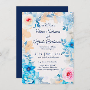 Invitation Océan bleu aquarelle florale Mariage Inviter