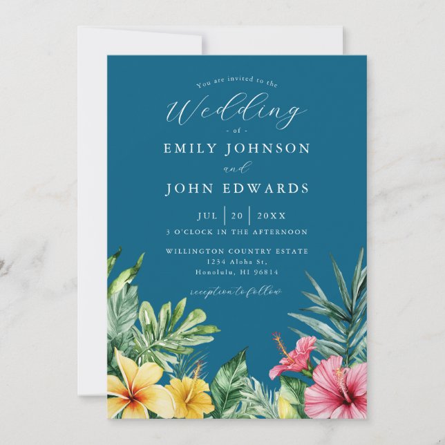 Invitation Océan Bleu Aquarelle Mariage floral tropical (Devant)