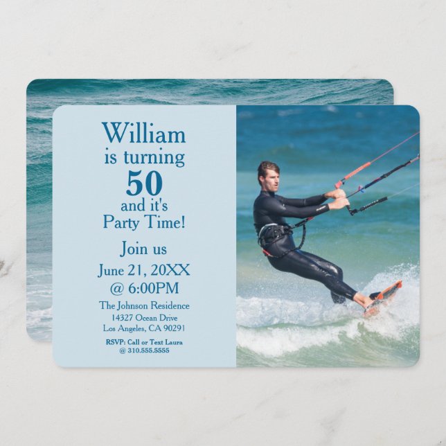 Invitation Océan Blue Custom "Turning 50" Photo Anniversaire (Devant / Derrière)