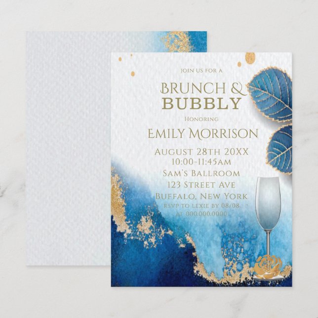 Invitation Ocean Blue et Gold Agate Brunch et Bubbly (Devant / Derrière)