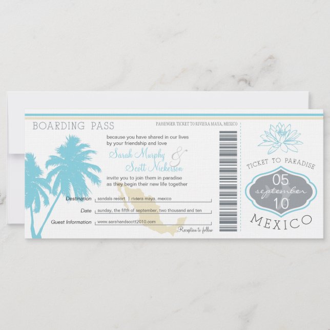 Invitation Ocean Blue Palm Tree Mexico Mariage Boarding Pass (Devant)
