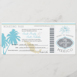 Invitation Ocean Blue Palm Tree Mexico Mariage Boarding Pass
