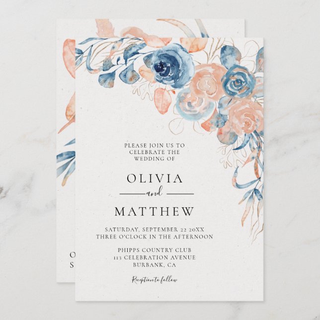 Invitation Ocean Blue Rose Coral Destination Mariage (Devant / Derrière)