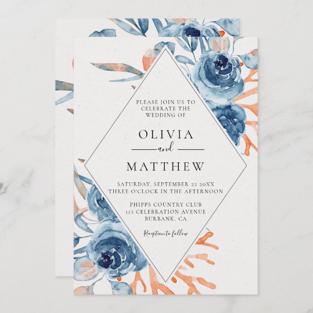Invitation Ocean Blue Rose Coral Destination Mariage (Devant / Derrière)