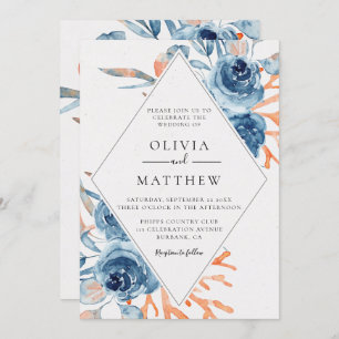 Invitation Ocean Blue Rose Coral Destination Mariage