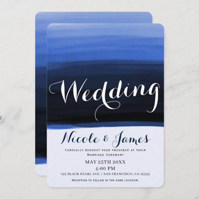 Invitation Ocean Blue Watercolor Modern Glam Mariage (Devant / Derrière)