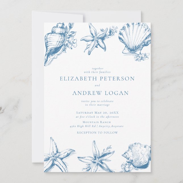 Invitation Océan Coquillage | Mariage Bleu (Devant)