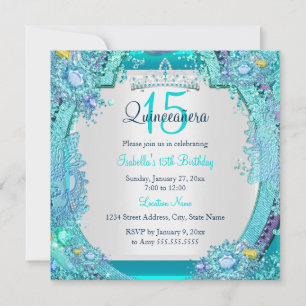 Invitation Océan de gemmes bleu cyan pour photo de Quinceaner