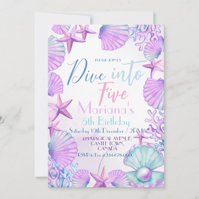 Invitation Ocean Dive into Five Girl Birthday Party (Devant)