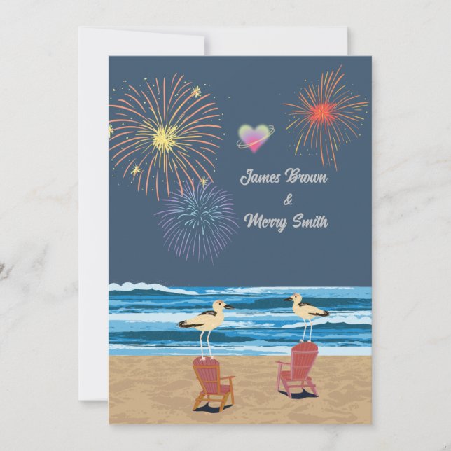 Invitation Ocean Fireworks Night Beach Seaguls Mariage (Devant)