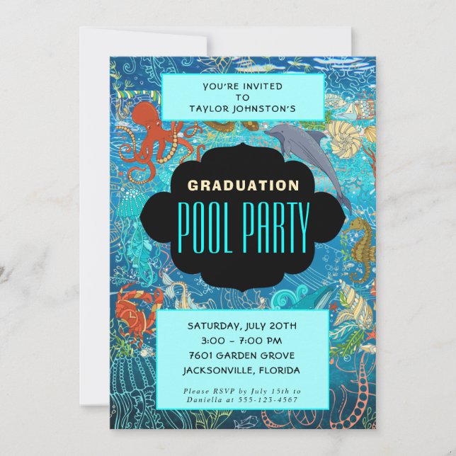 Invitation Ocean Marine Life Graduation Pool Party (Devant)